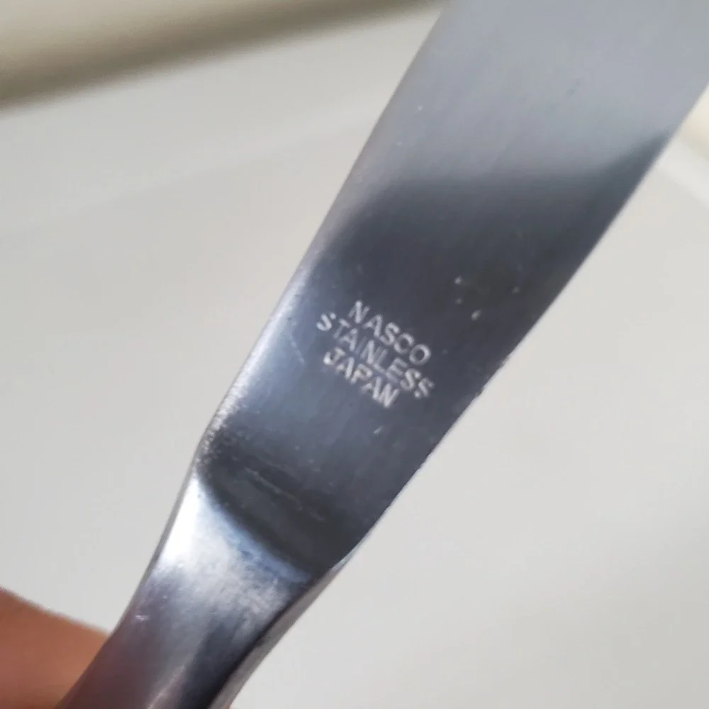 Nasco Stainless Japan Dinner Knife Vintage Floral Rose Blackened Handle Serrated